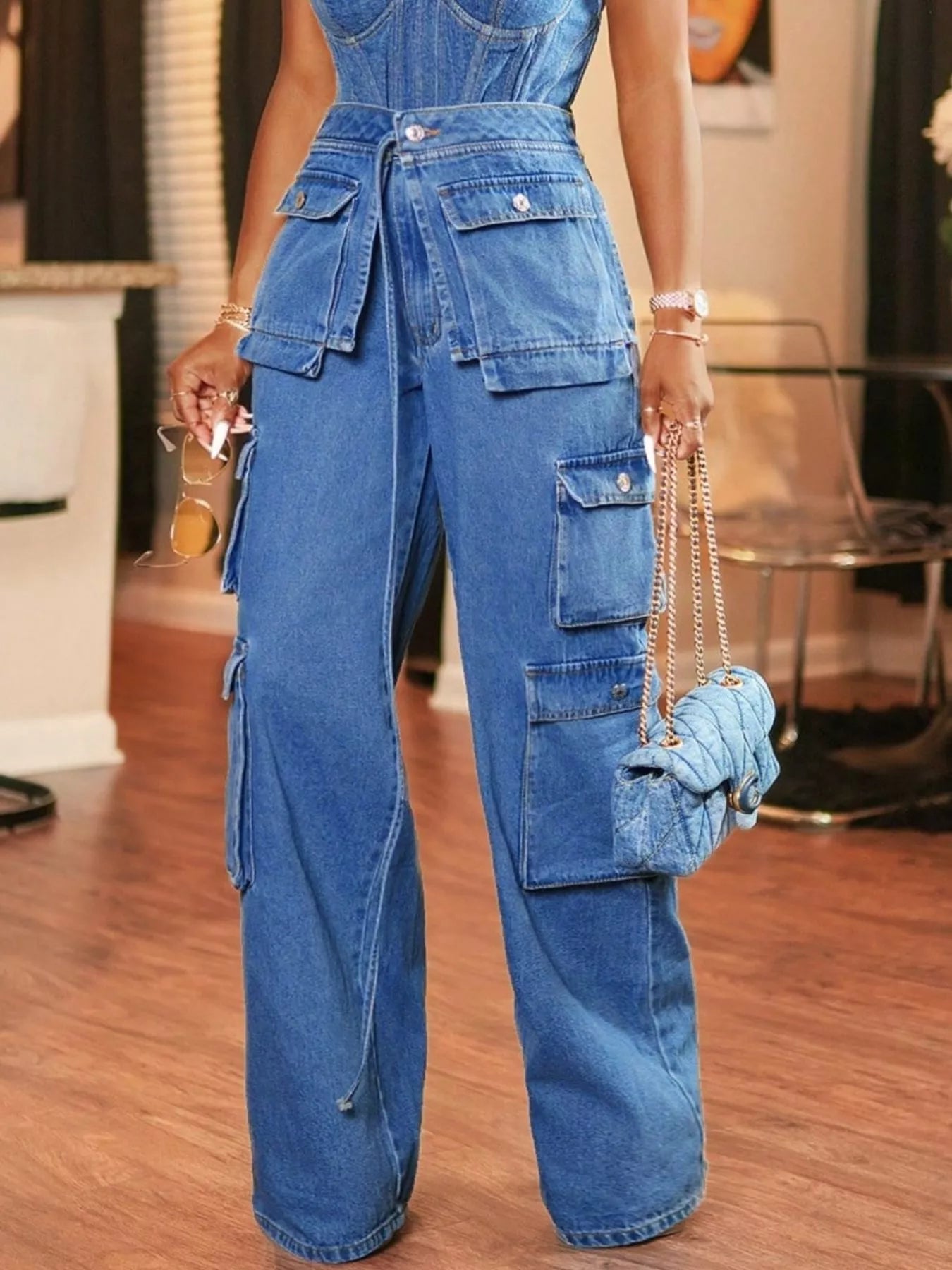 Combinaison jean cargo à jambes larges, Grandes Poches   Elégance District