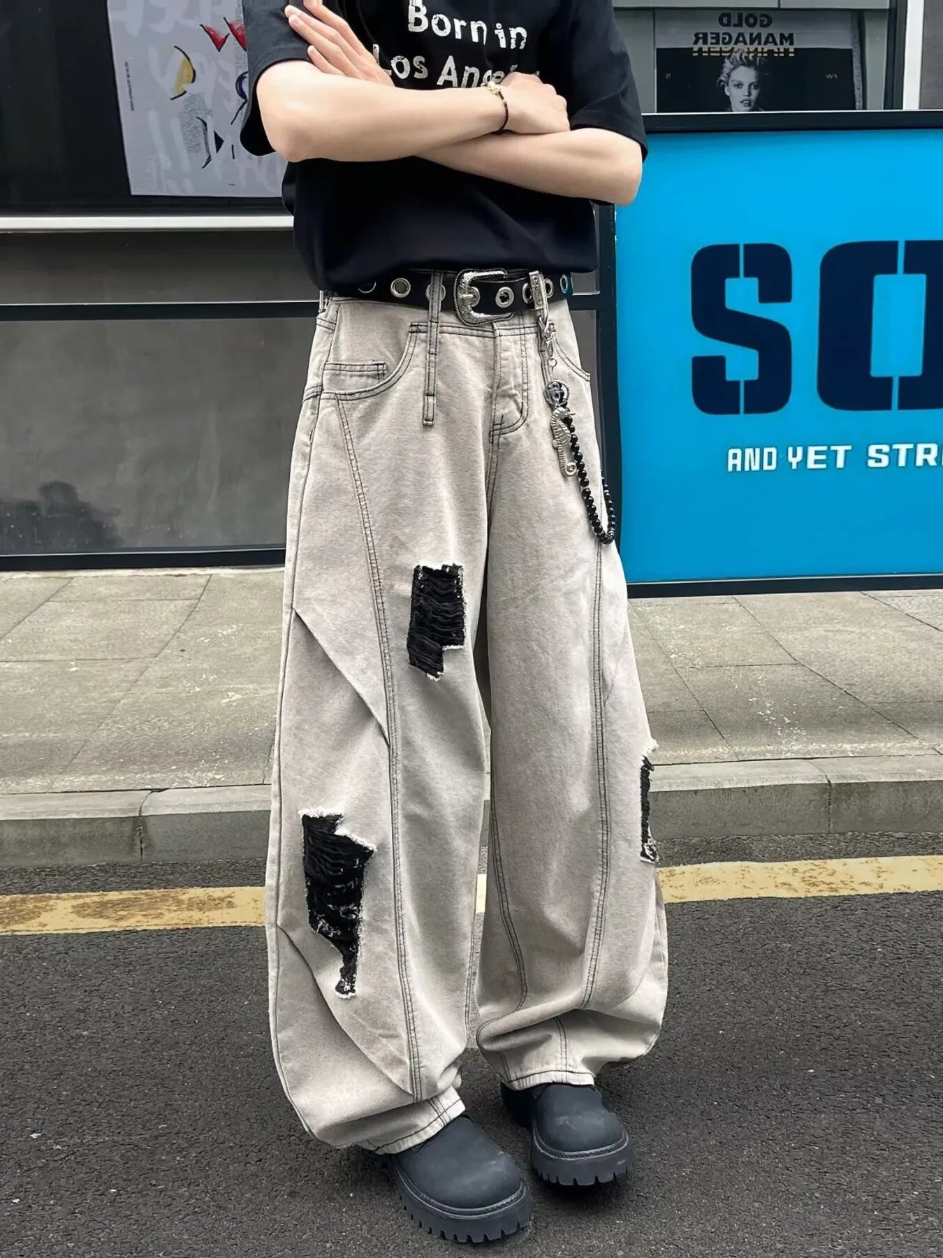 Jean homme grande taille à jambes larges et effet usé    Elégance District