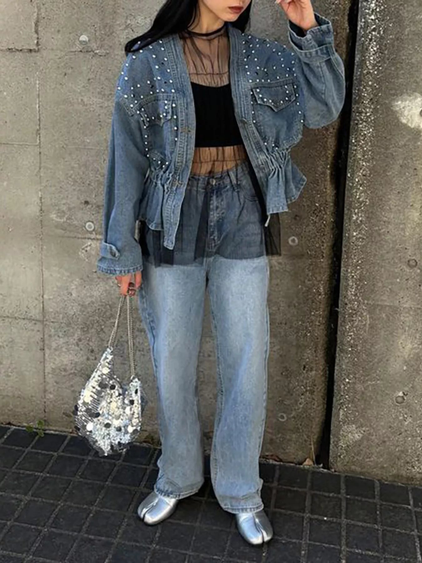 Veste  jean boutonnée cloutée  Elégance District