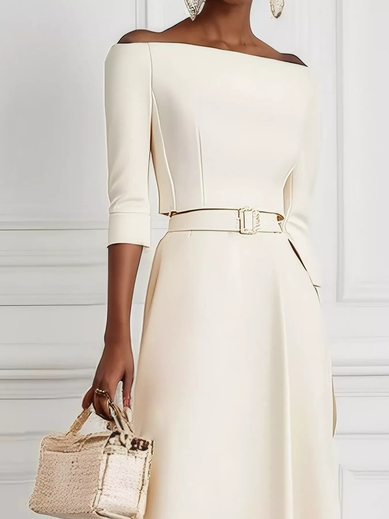 Robe longue élégante à épaules dénudées et ceinture   Elégance District