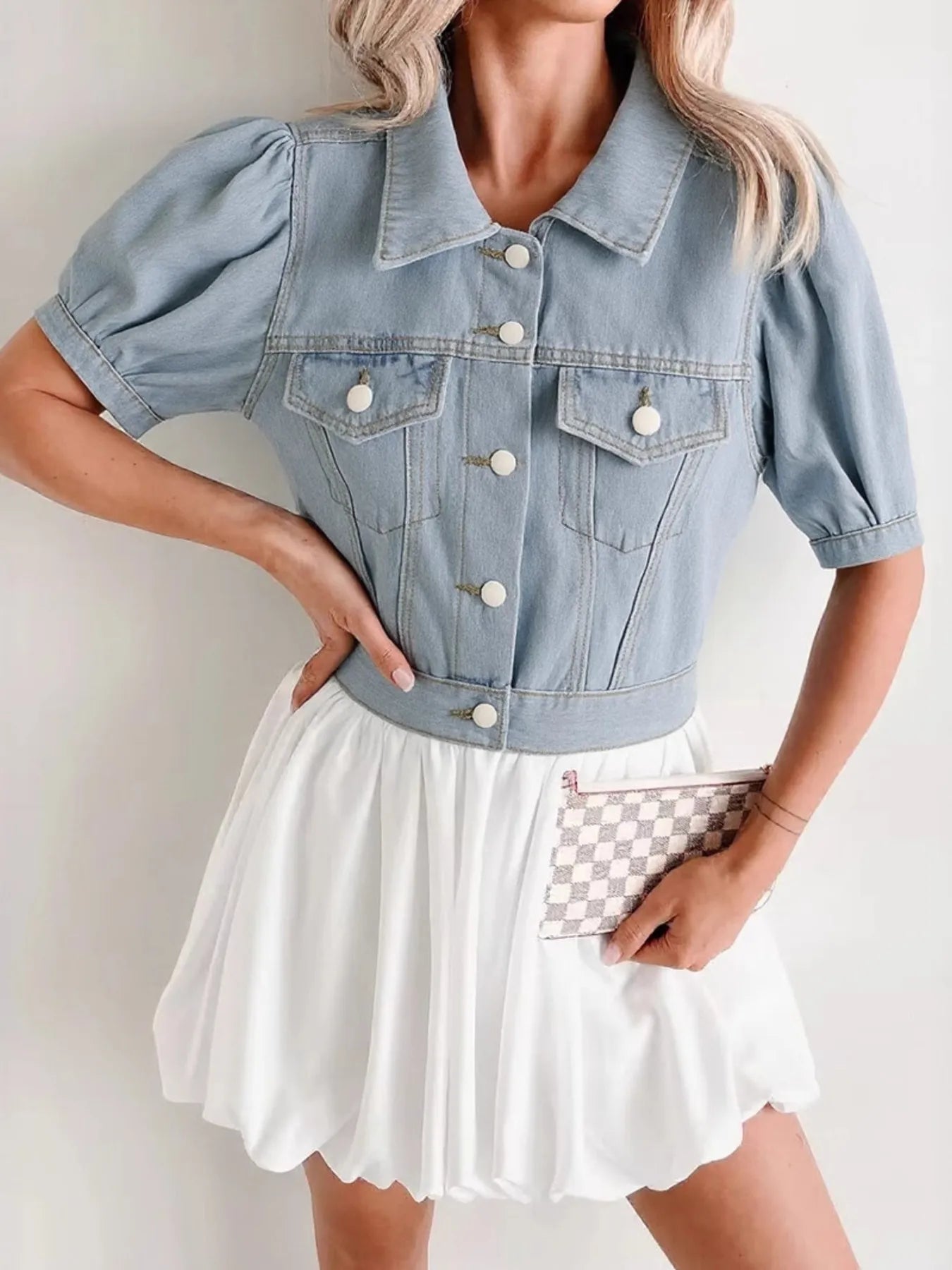 Veste  jean courte à manches bouffantes boutonnée   Elégance District