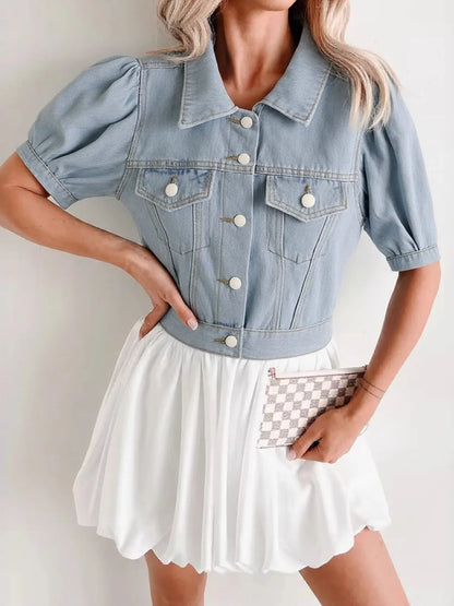 Veste  jean courte à manches bouffantes boutonnée   Elégance District