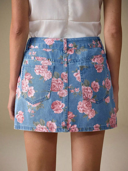 Jupe jean imprimé floral femme denim - Élégance District