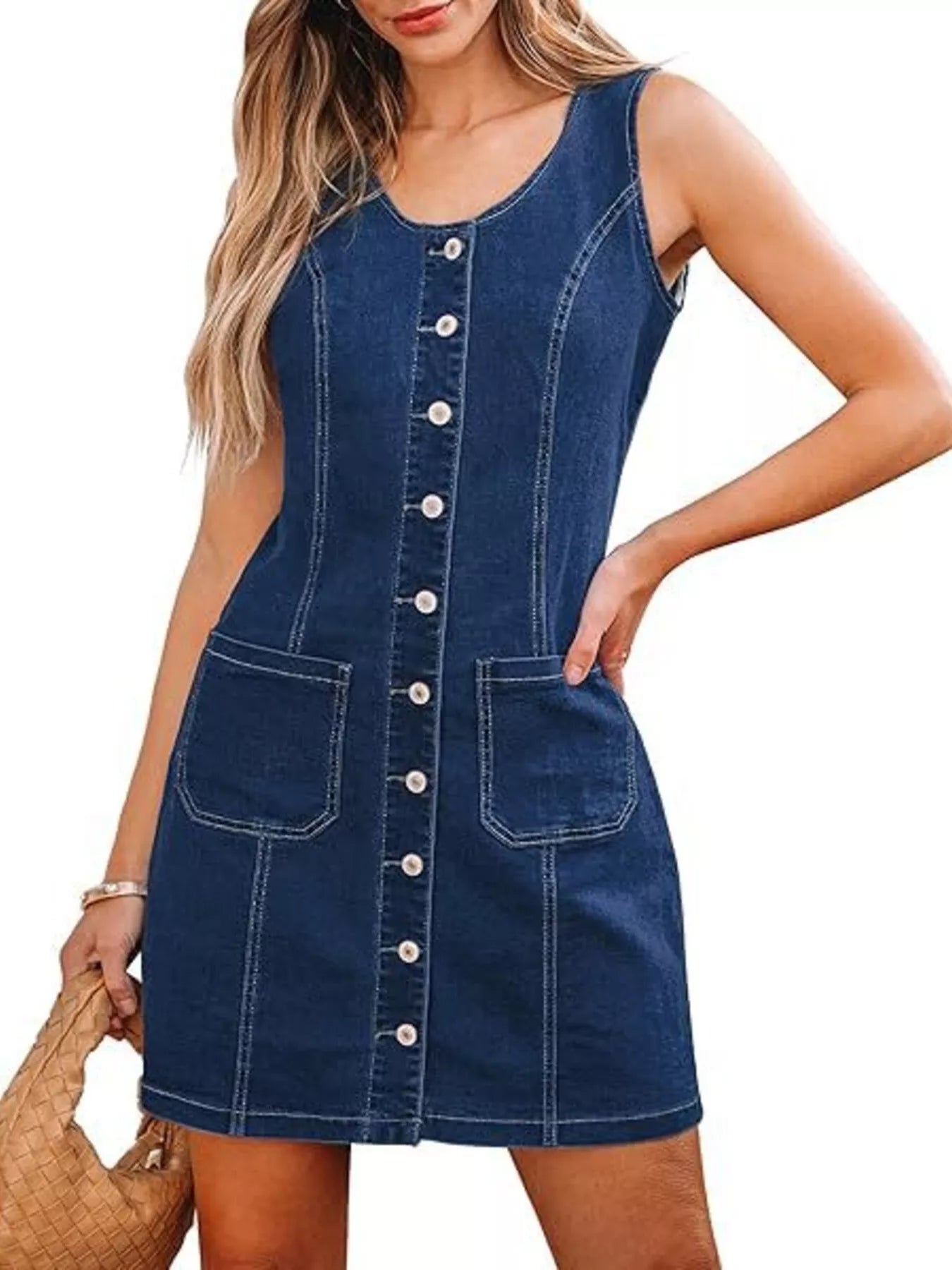 Robe  jean sans manches à boutons sur le devant - Elégance District