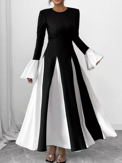 Robe longue col rond contrastant manches évasées femme - Élégance District