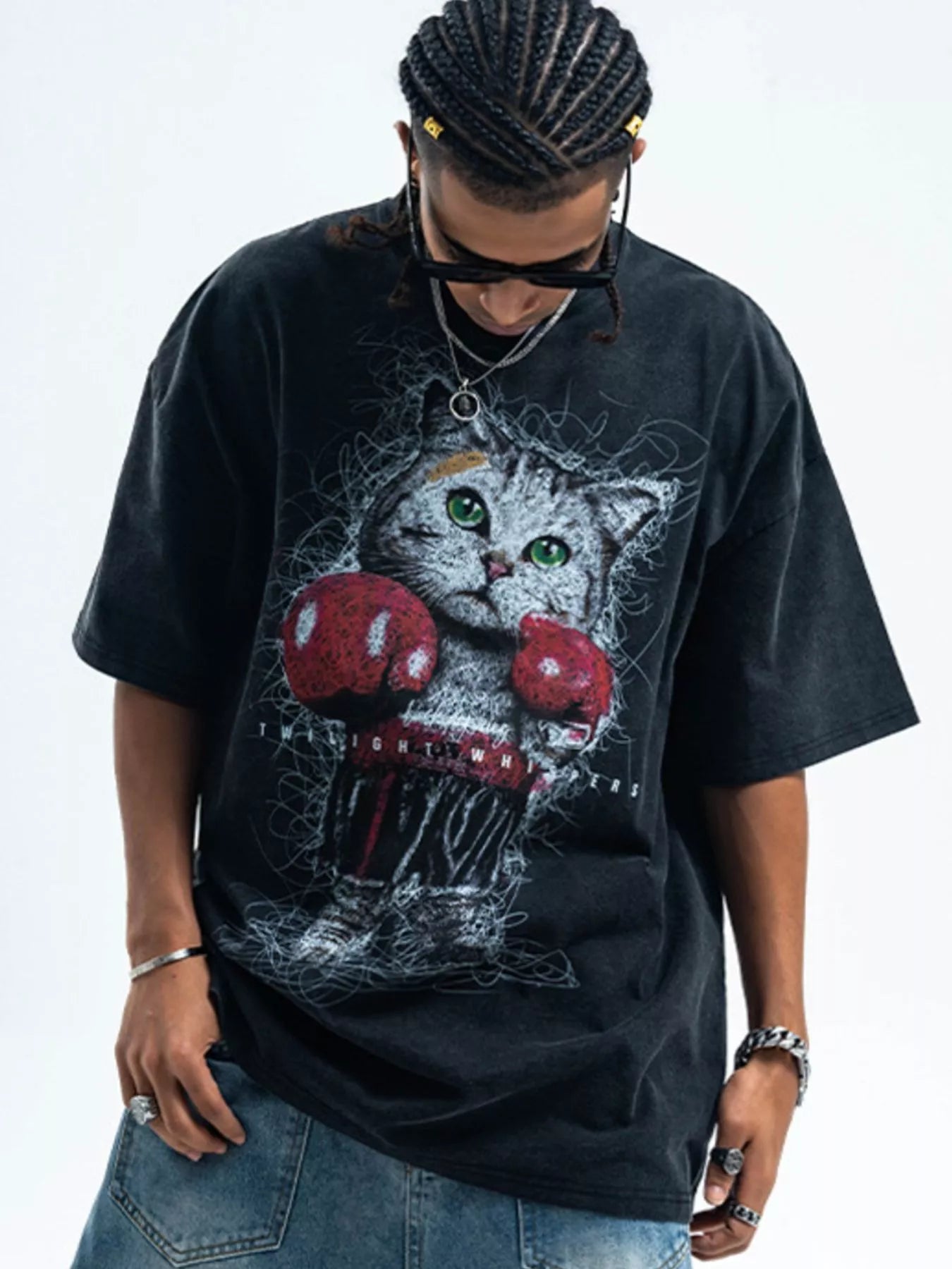 T-shirt homme à motif chat, délavage vintage   Elégance District