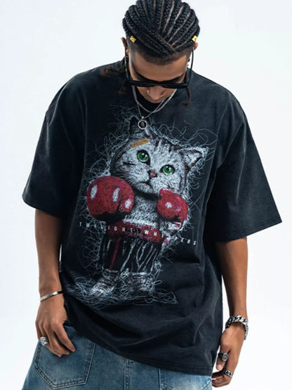 T-shirt homme à motif chat, délavage vintage   Elégance District