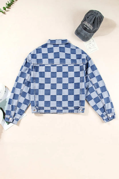 Veste  jean à carreaux boutonnée à manches longues   Elégance District