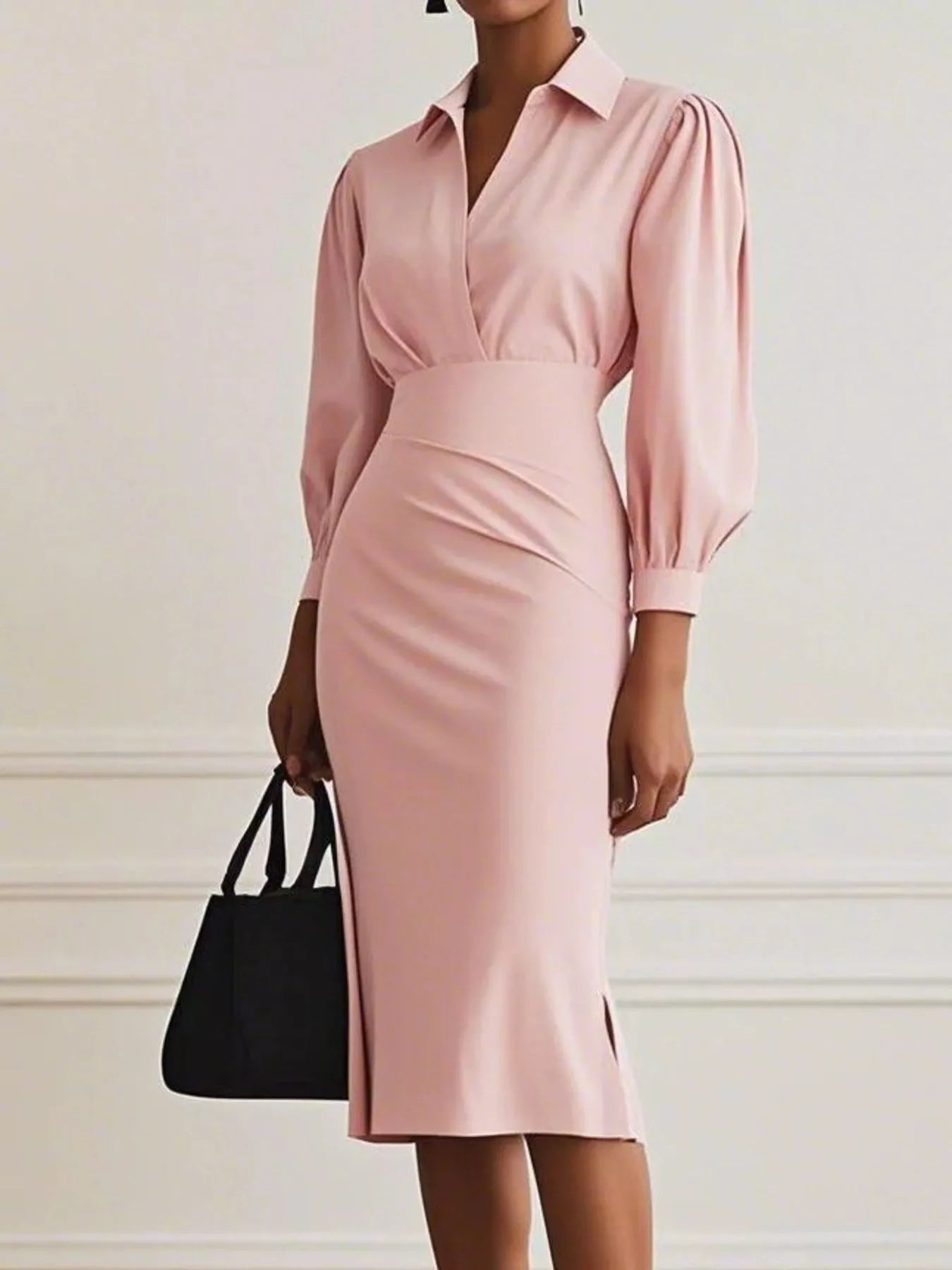 Robe chemise midi froncée avec fente latérale  Elégance District