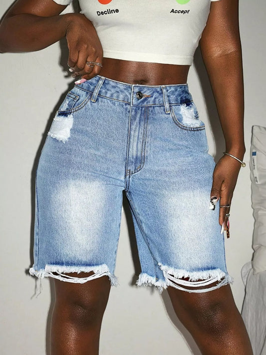 Short  jean taille haute délavé à ourlet effiloché   Elégance District