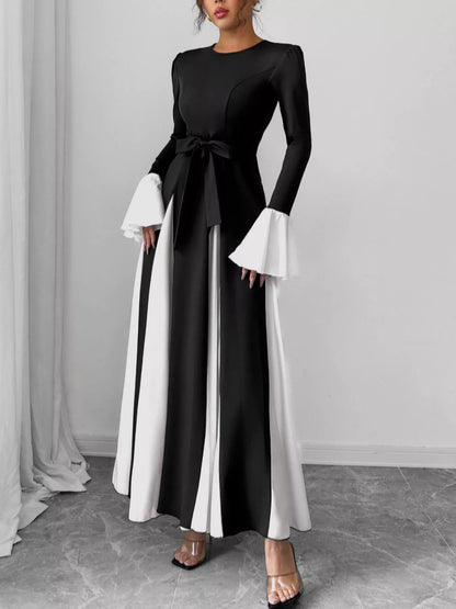 Robe longue col rond contrastant manches évasées femme - Élégance District