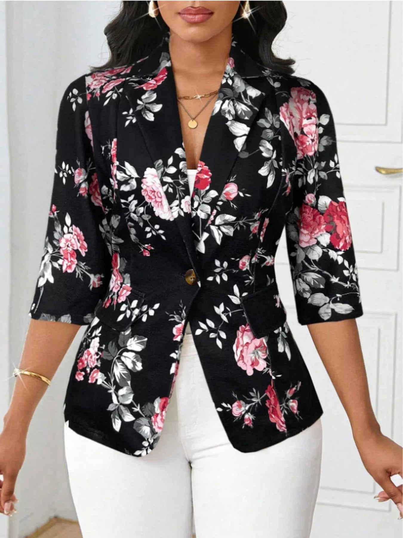 Blazer décontracté à imprimé floral et un bouton - Élégance District 