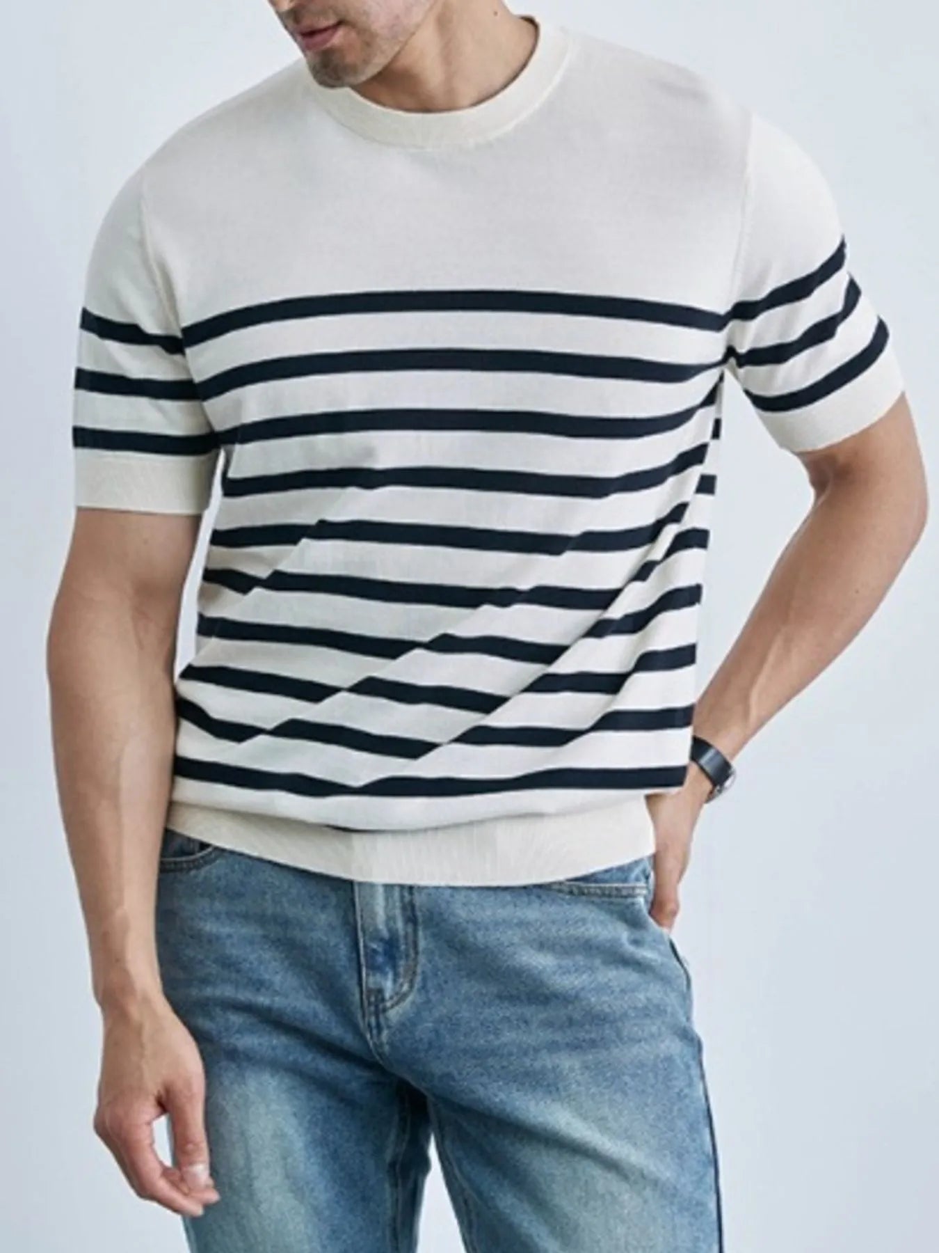 T-shirt rayé classique à manches courtes pour homme   Elégance District
