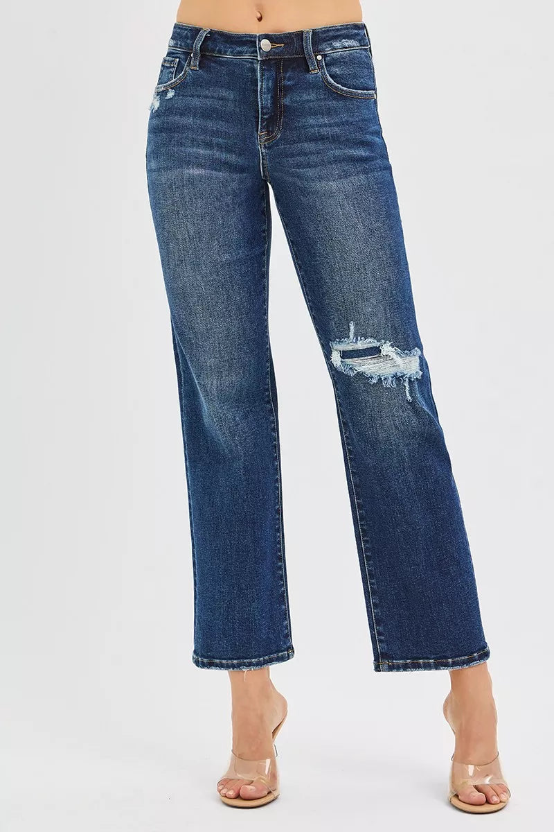 Jean droit court et slim taille haute RISEN avec renforts cachés aux genoux