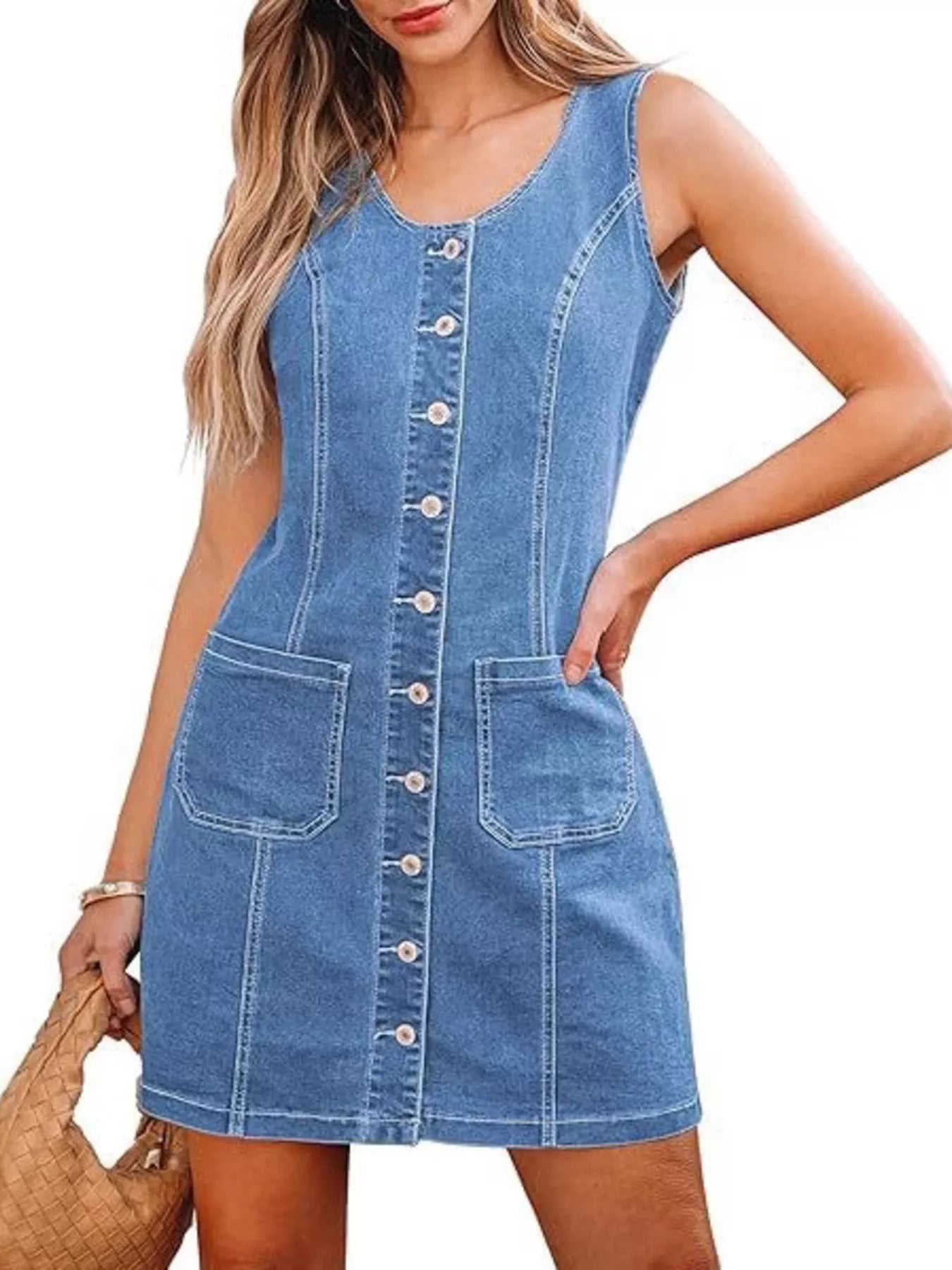 Robe  jean sans manches à boutons sur le devant - Elégance District
