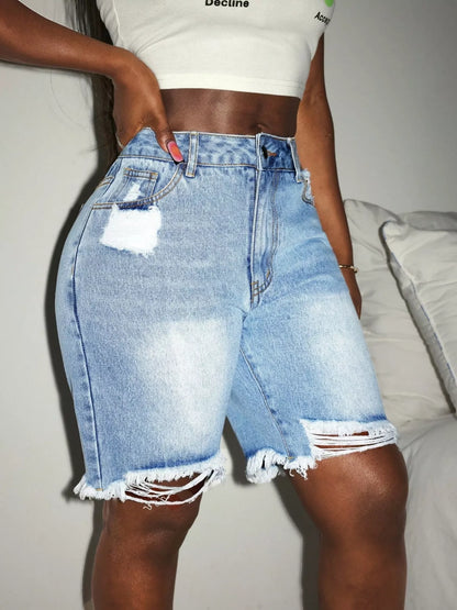 Short  jean taille haute délavé à ourlet effiloché   Elégance District