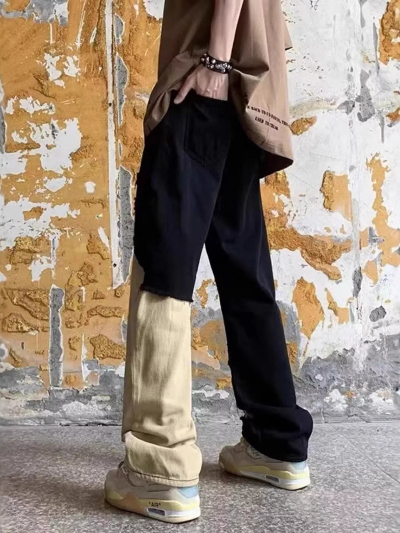 Jean homme grande taille bicolore déchiré à jambes larges   Elégance District